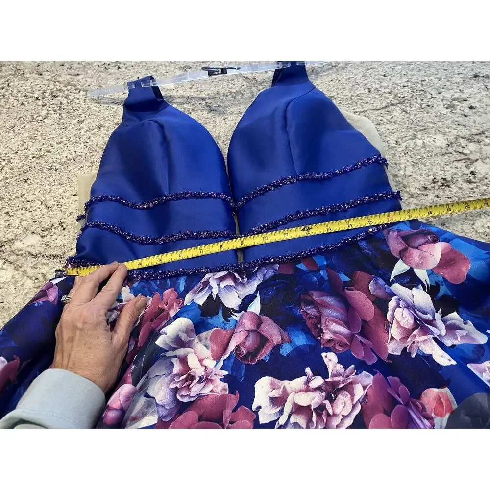 Ellie Wilde Mon Cheri EW118006 Blue V-neck A-line Floral Gown Prom 16/18* Read